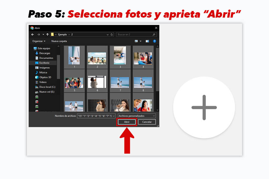 Selección de fotos y botón "Abrir" en Foto Maquila Mi Album