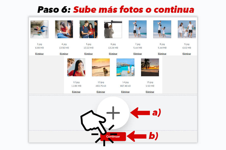 Botón para cargar más imágenes y continuar en Foto Maquila Mi Album