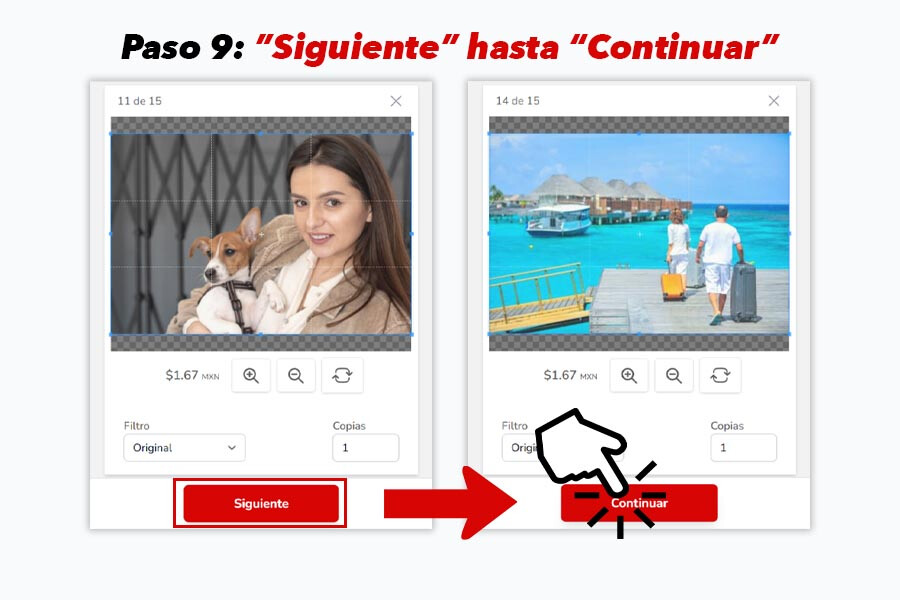 Botón "Siguiente" y "Continuar" para concluir personalización en Mi Album