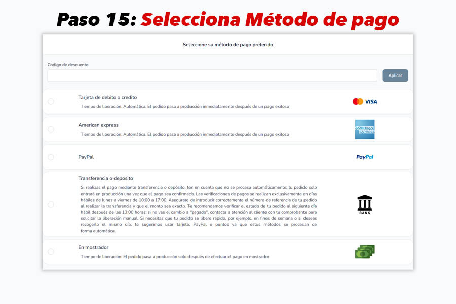 Métodos de pago disponibles: tarjetas, PayPal, efectivo, depósito y transferencia