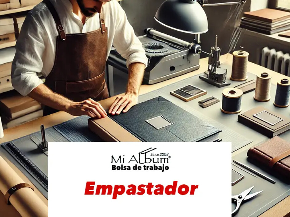Detalle de un empastador aplicando acabados en un álbum artesanal con montaje de fotos.