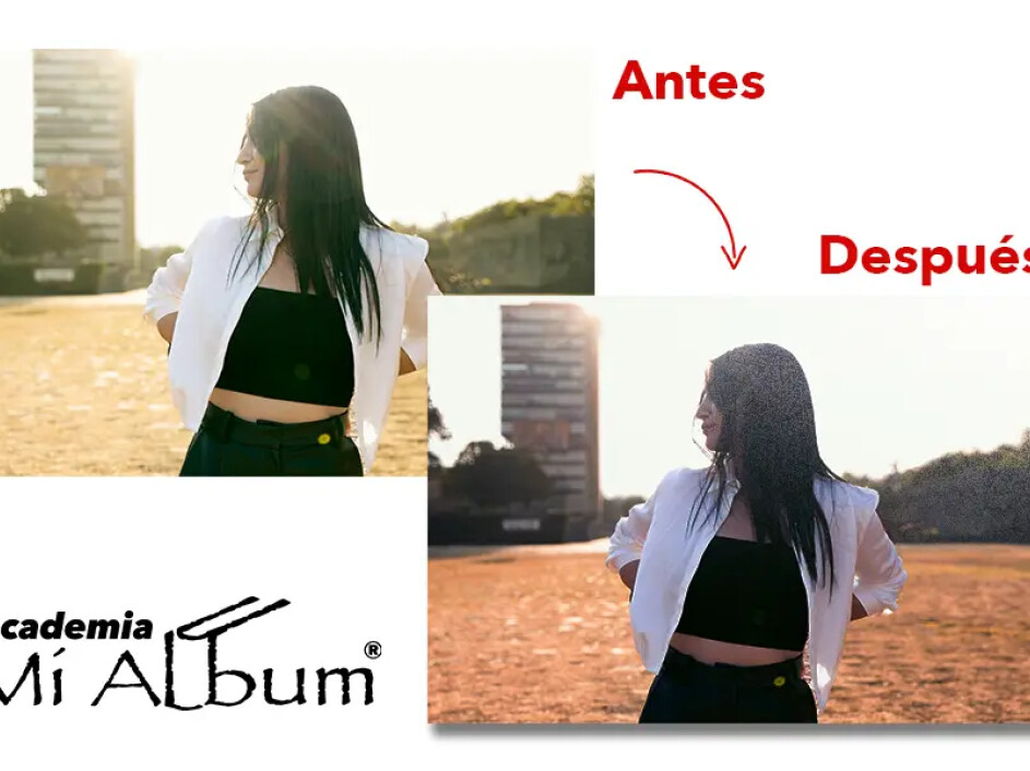 Corrección de color en Mi Album: ajuste de tonos fríos y densidad oscura para fotos a contraluz con exposición solar.