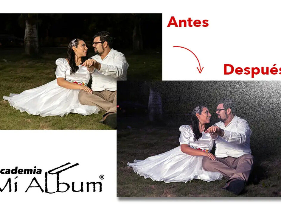 Corrección de color en Mi Album: ajuste de tonos fríos y densidad para fotos nocturnas con flash.