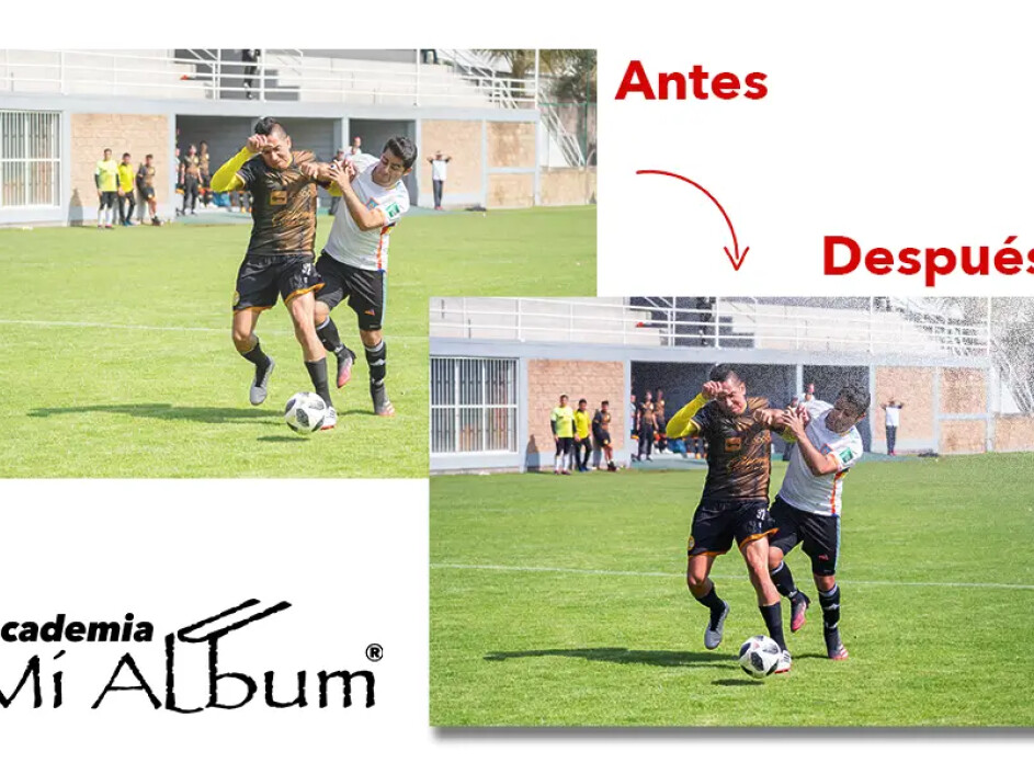Corrección de color en Mi Album: ajuste de tonos oscuros y azules para fotos deportivas con exceso de luz solar.
