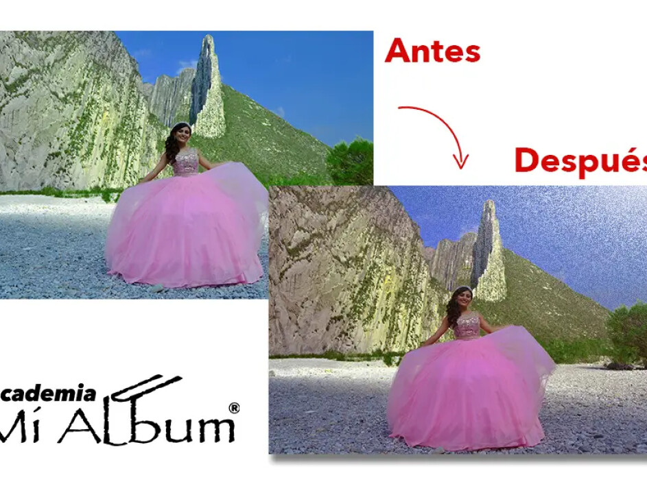 Corrección de color en Mi Album: ajuste de tonos rojos y claros para fotos de quinceañeras con tendencia verdosa.