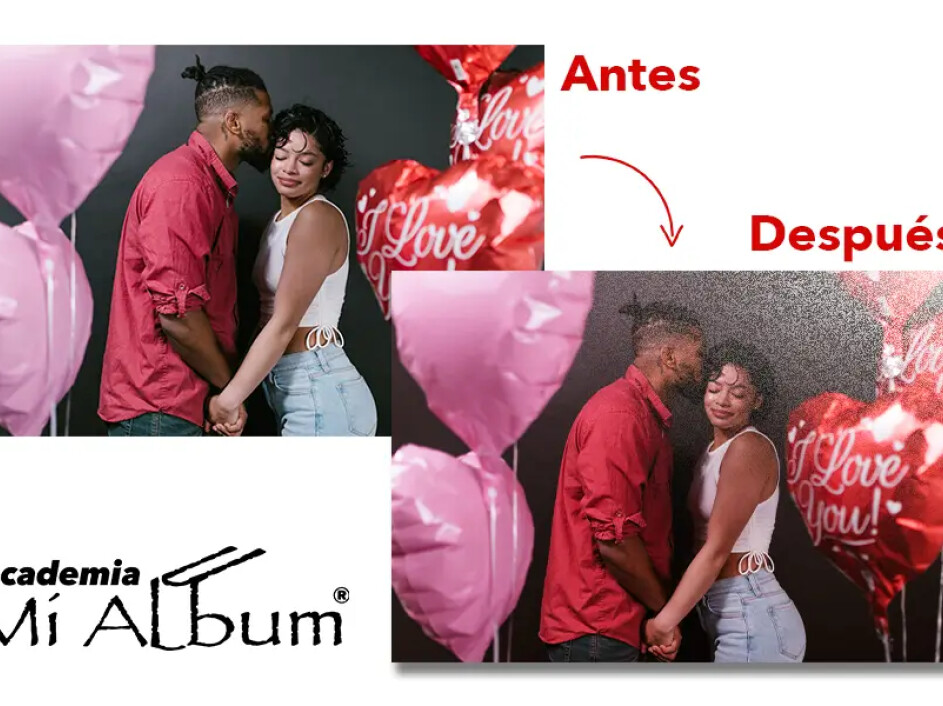 Corrección de color en Mi Album: ajuste de tonos cálidos para fotos románticas con temática de San Valentín.