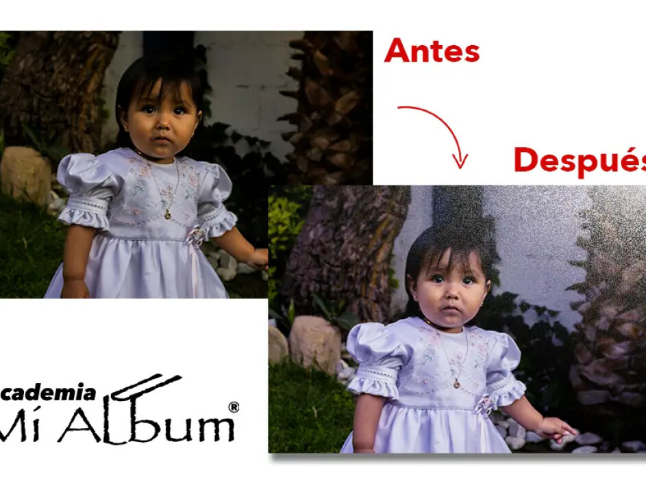Corrección de color en Mi Album: ajuste de tonos fríos y densidad clara para fotos de bautizo con poca iluminación.