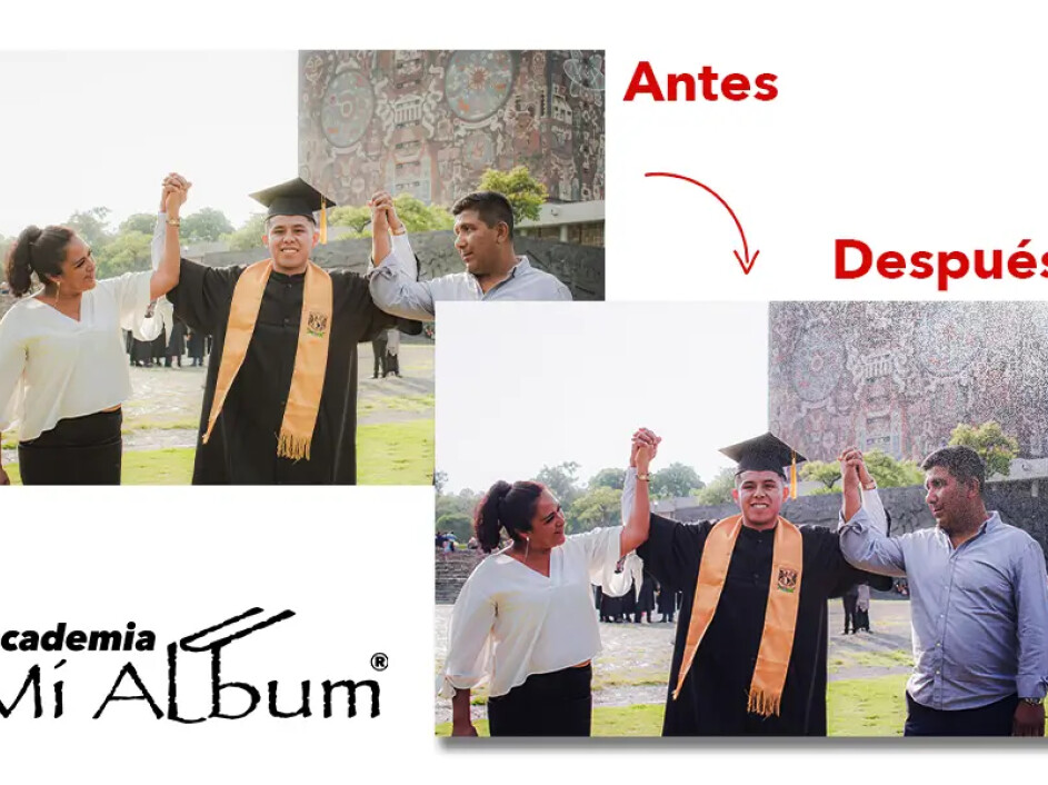 Corrección de color en Mi Album: ajuste de tonos cálidos y oscuros para fotos de graduación con contraluz.