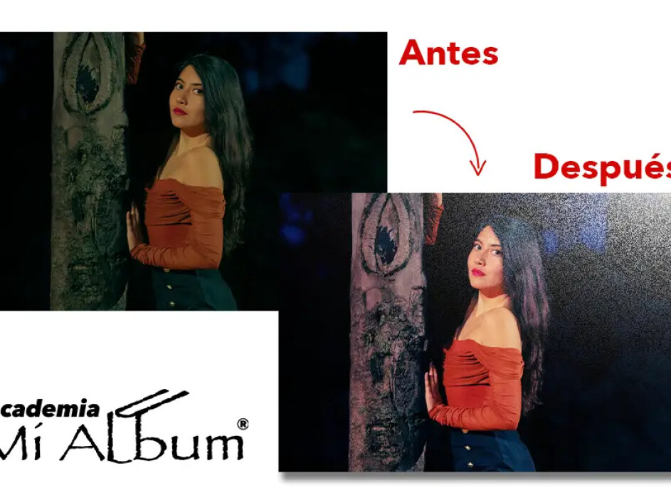 Corrección de color en Mi Album: ajuste de tonos rojos y densidad clara para fotos nocturnas con tendencia verdosa.