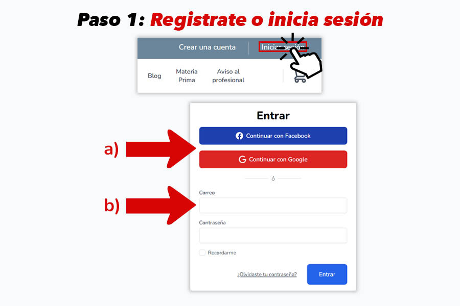 Pantalla para registrarte o iniciar sesión en Mi Album con opciones de Facebook, Google o correo electrónico.