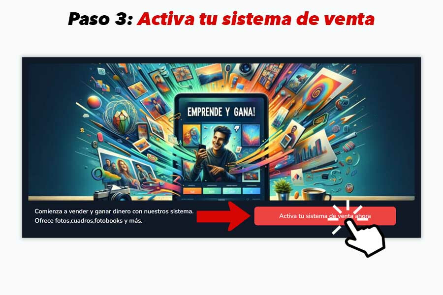 Pantalla para activar tu sistema de venta en Mi Album, con un botón destacado en la parte inferior izquierda.