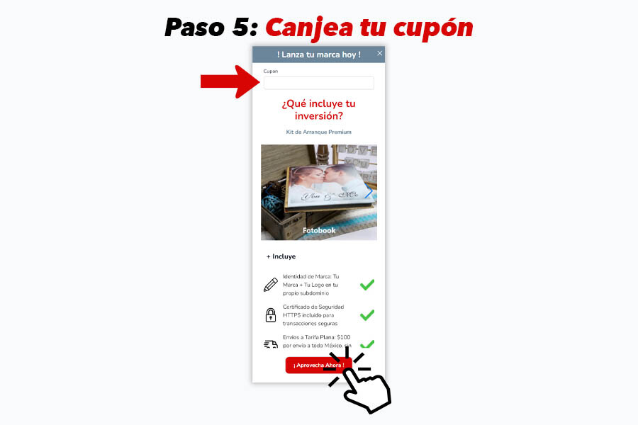 Pantalla para aplicar un cupón y continuar el proceso de compra en Mi Album, mostrando opciones para promociones activas.