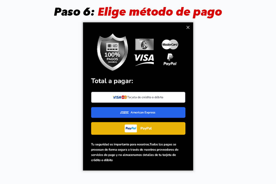 Pantalla para elegir método de pago en Mi Album, con opciones de tarjeta de débito, crédito, American Express y PayPal, garantizando 100% de seguridad.