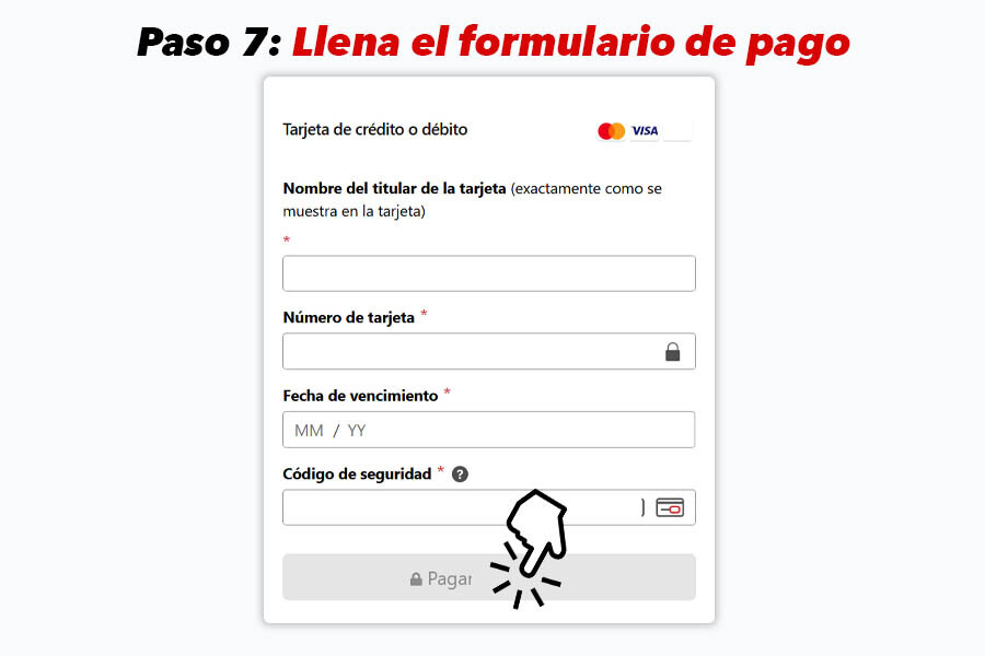 Pantalla para llenar el formulario de pago en el portal bancario con opciones seguras para tarjeta de débito o crédito.