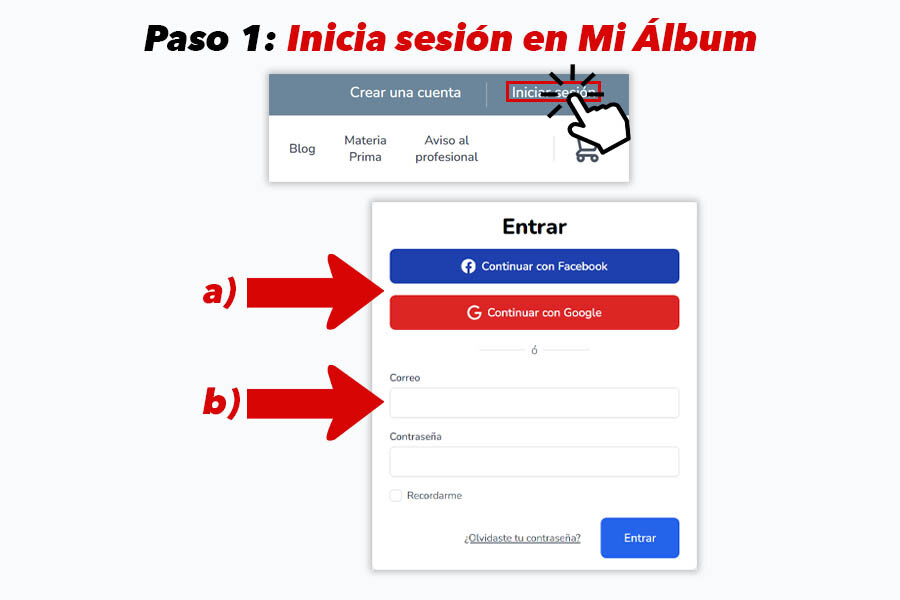 Pantalla mostrando cómo iniciar sesión en Mi Album para asegurar que tu sesión está activa antes de continuar.