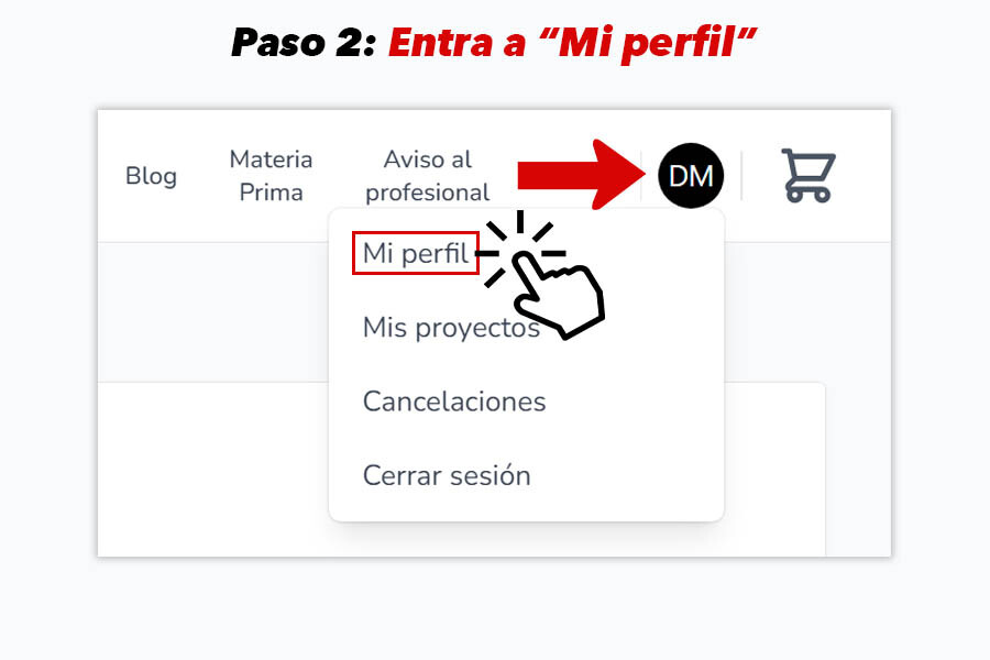 Pantalla de navegación mostrando cómo acceder a "Mi perfil" desde el menú de usuario en Mi Album.