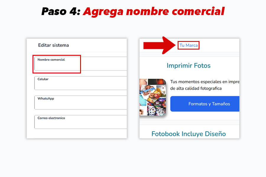Formulario de edición del sistema destacando el campo "Nombre Comercial" para personalizar la marca en tu portal.