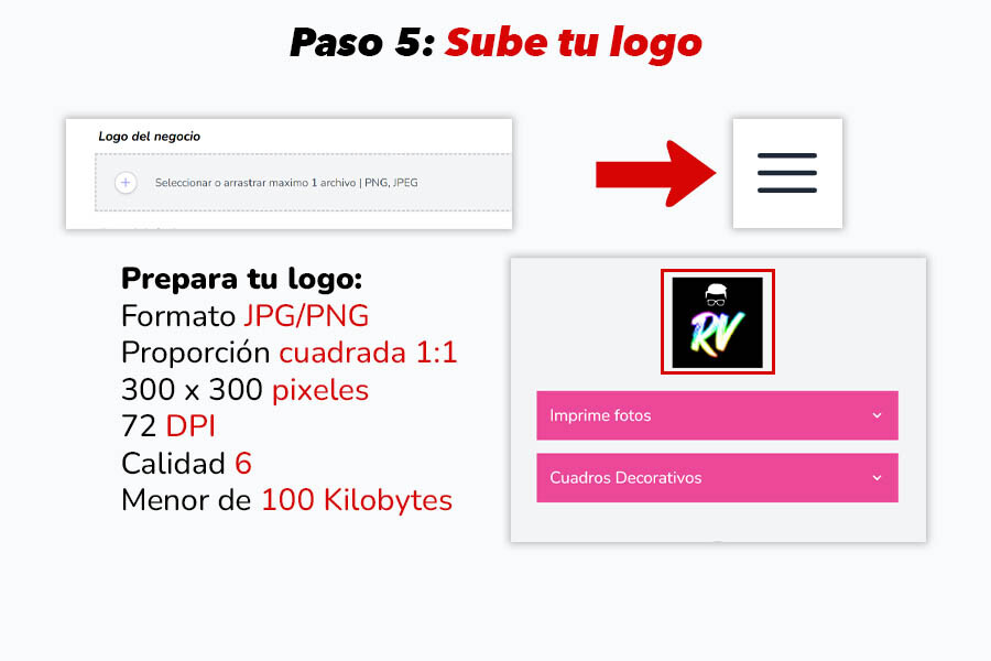 Pantalla de carga de logo con especificaciones técnicas para personalización de la plataforma.