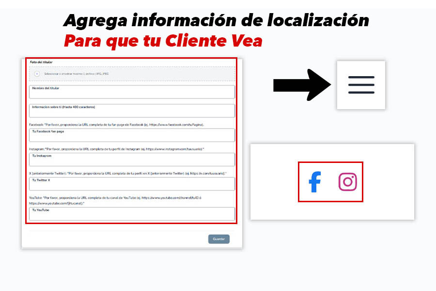 Pantalla de configuración para agregar redes sociales como Facebook, Instagram, TikTok, LinkedIn y más.