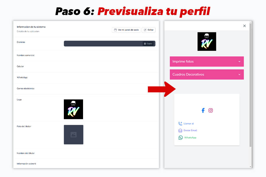 Pantalla de previsualización del perfil del sistema de ventas con logo, datos de contacto, redes sociales y opciones de productos.