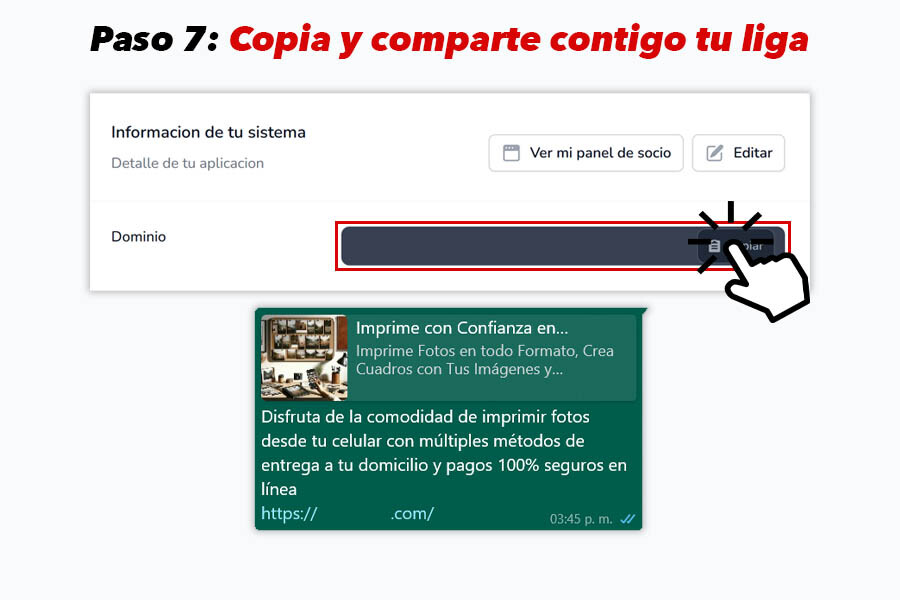 Pantalla con opción de copiar y compartir el enlace del portal personalizado para pruebas en WhatsApp o redes sociales.