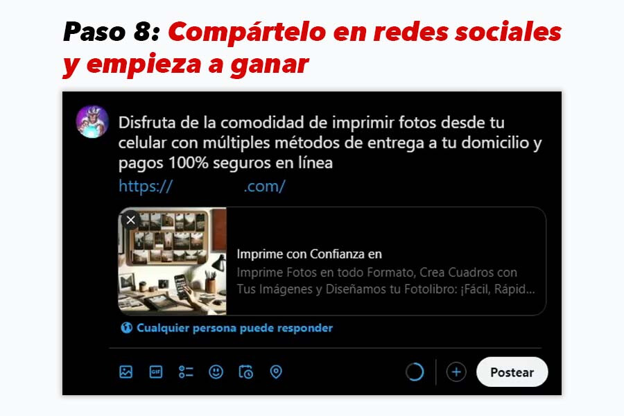 Publicación en redes sociales mostrando un enlace personalizado de un portal de venta fotográfico con información de productos ofrecidos.