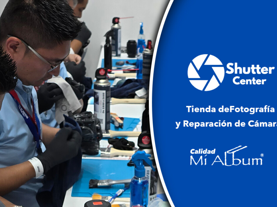 Técnicos especializados trabajando en la reparación de cámaras y lentes en Shutter Center, con herramientas profesionales y enfoque en la calidad.