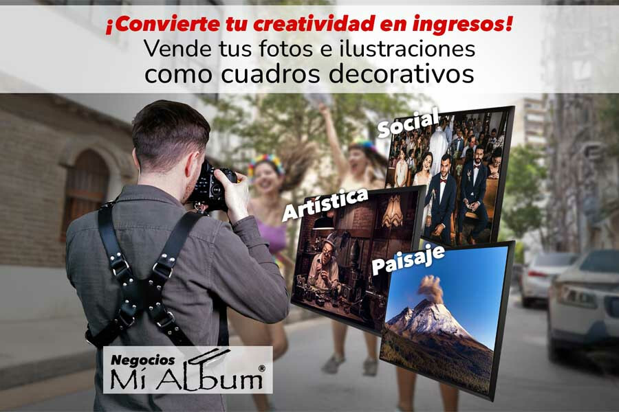 Fotógrafo capturando imágenes para vender como cuadros decorativos en Mi Album, mostrando ejemplos de cuadros sociales, artísticos y de paisajes.
