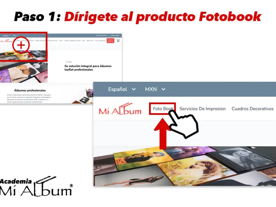 Captura de pantalla mostrando cómo acceder al producto Fotobook en el menú principal de Mi Album.