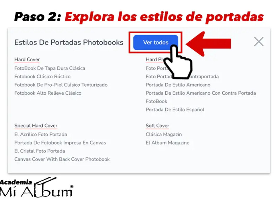 Captura de pantalla mostrando el menú "Estilos de Portadas Photobooks" con el botón "Ver todos" destacado.