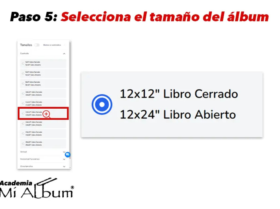 Opciones de tamaño del álbum mostrando 12x12 pulgadas cerrado y 12x24 pulgadas abierto como dimensiones estándar.