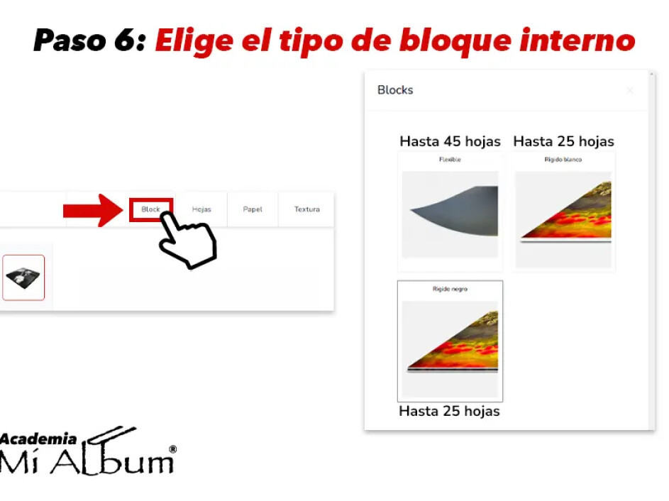 Opciones de bloque interno mostrando bloques flexibles y rígidos en blanco y negro para Fotobooks.