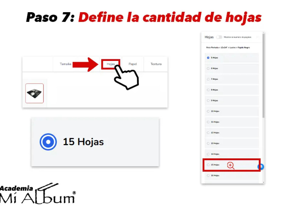 Selección de la cantidad de hojas para Fotobooks, mostrando 15 hojas como ejemplo destacado.