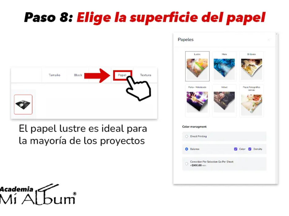 Opciones de superficie de papel para Fotobooks, destacando papel lustre, mate, brillante, y otros acabados.