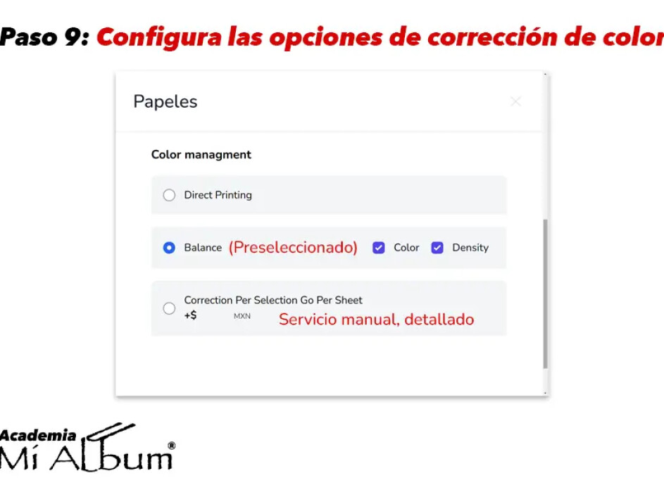 Opciones de corrección de color para Fotobooks, destacando balance preseleccionado y corrección profesional manual.
