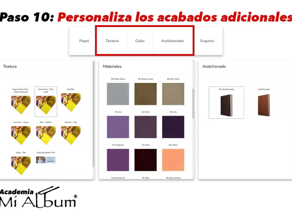 Personalización de acabados adicionales para Fotobooks, incluyendo texturas, colores y empastados acolchonados.