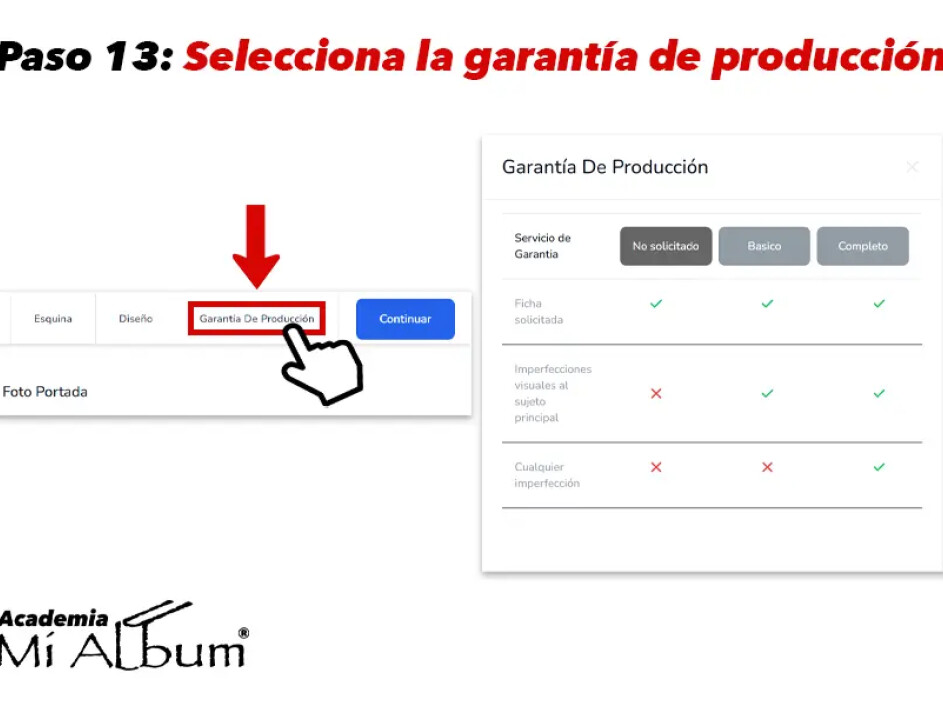 Opciones de garantía de producción: no solicitada, básica y completa para asegurar la calidad de tu Fotobook.