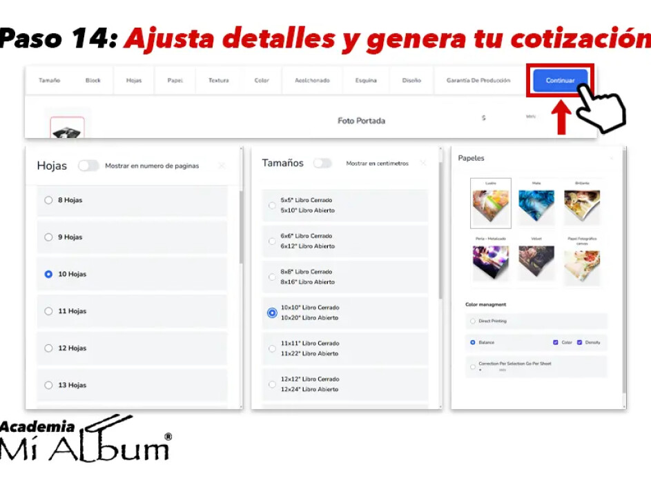 Pantalla de ajustes finales para cantidad de hojas, tamaño y materiales del Fotobook con opción de generar cotización.