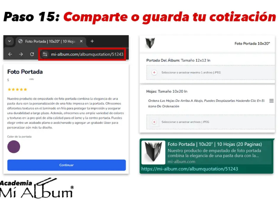 Vista de opciones para compartir o guardar tu cotización en Mi Album con un enlace único.