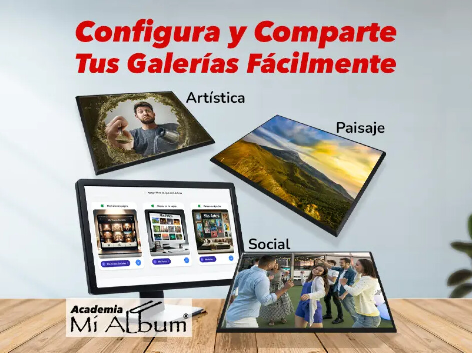 Muestra cómo configurar y compartir galerías artísticas, de paisaje y sociales desde la plataforma de Mi Album.