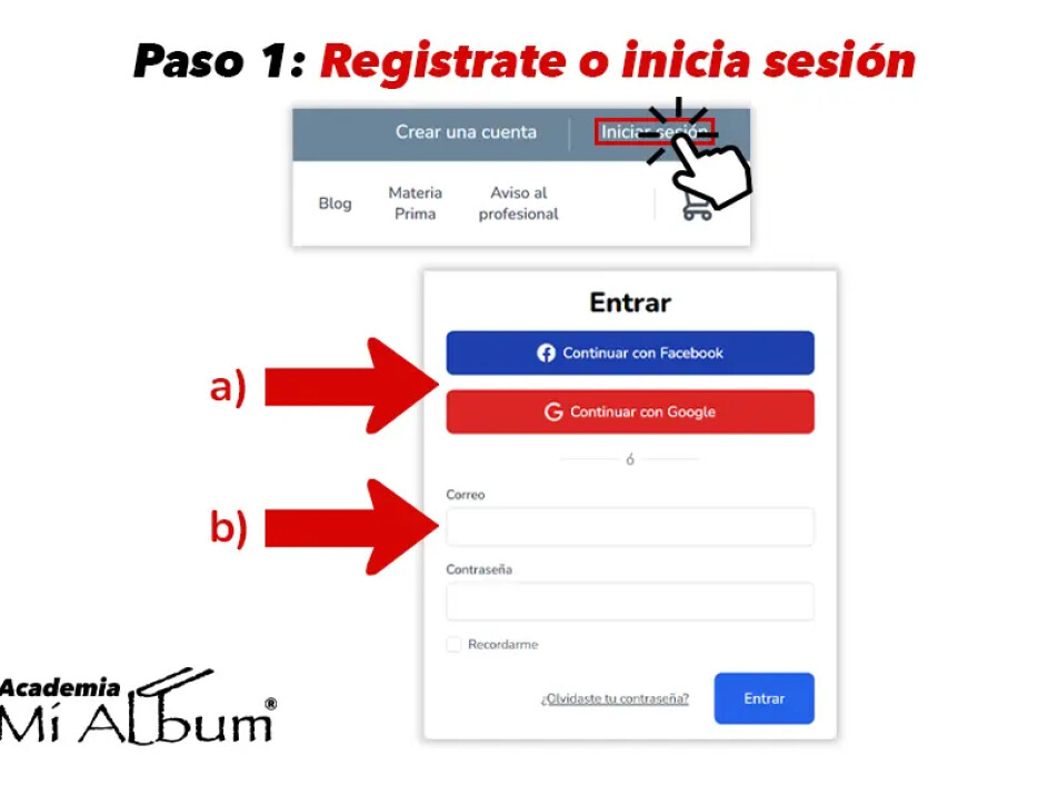 Interfaz para registrarte o iniciar sesión en Mi Album con opciones de Facebook, Google o correo electrónico