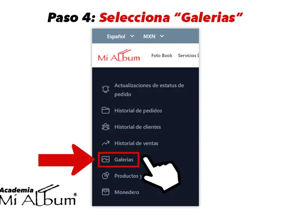 Menú lateral del panel de socio destacando la opción 'Galerías' con un ícono de imagen, junto a opciones como historial de pedidos y clientes.