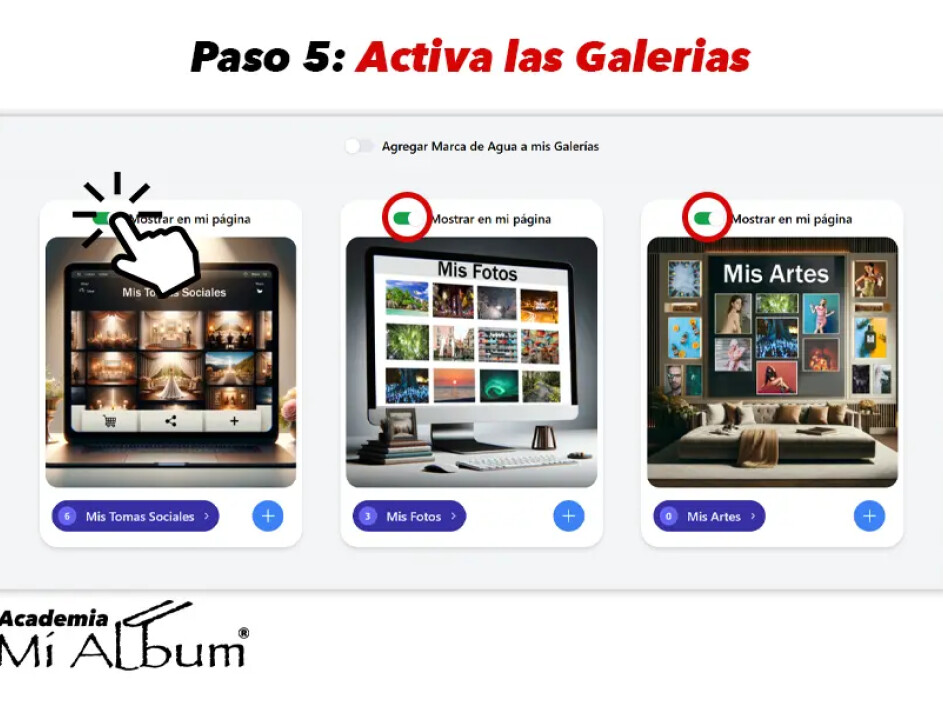 Vista de tres categorías de galerías ('Mis Tomas Sociales', 'Mis Fotos', 'Mis Artes') con opción de activar mediante un botón verde 'Mostrar en mi página'.