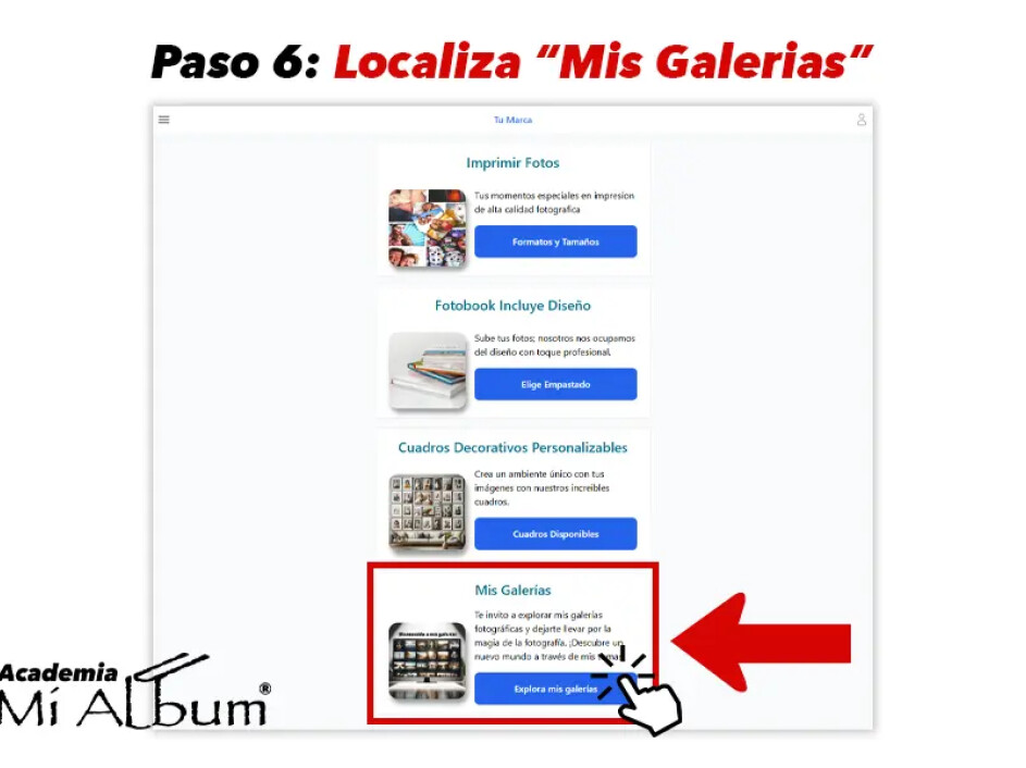 Vista de la página principal de una tienda online mostrando la categoría 'Mis Galerías' destacada como cuarta opción debajo de 'Cuadros Decorativos Personalizables', con un botón azul que dice 'Explora mis galerías'.