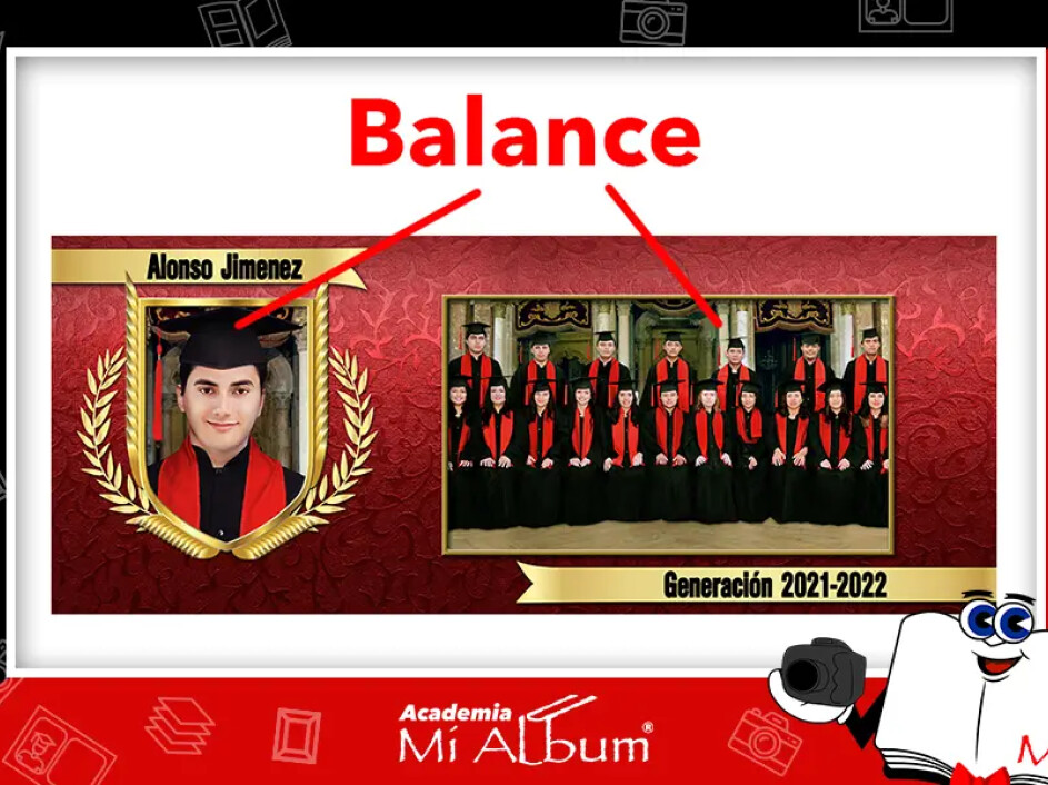 Collage de graduación con una foto individual destacada y una foto grupal balanceada, con fondo rojo texturizado y elementos dorados que destacan el tema académico.