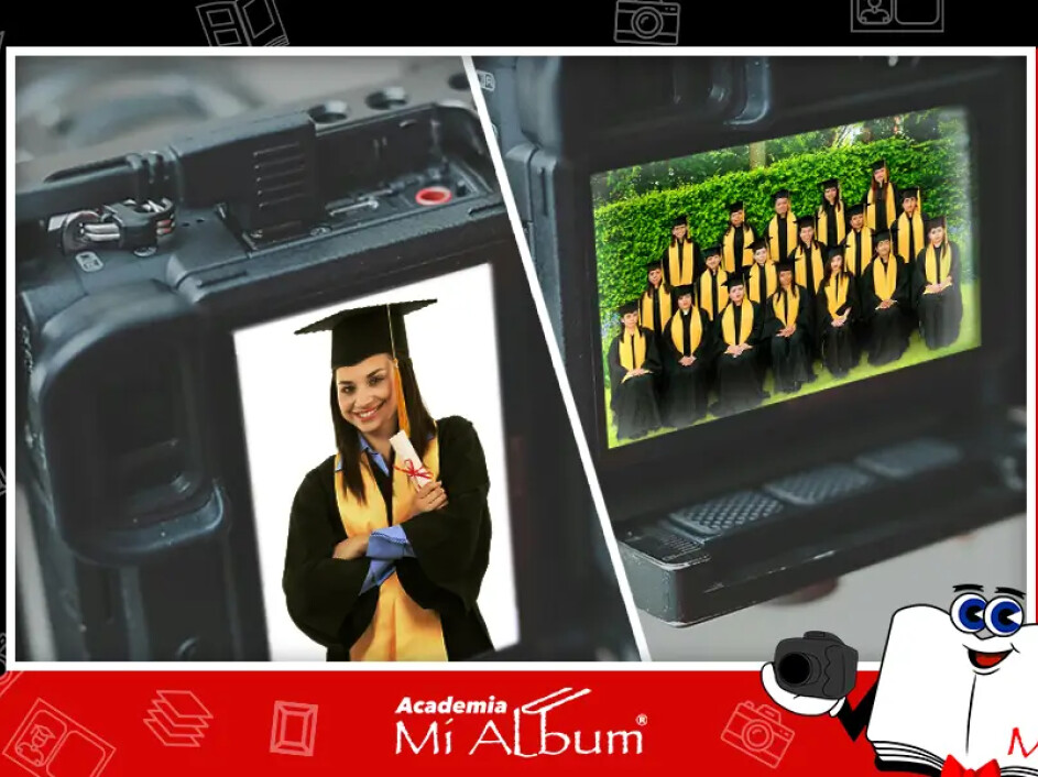 Pantalla de cámara mostrando un retrato individual de graduación y una foto grupal en exteriores, ambas capturadas con calidad profesional y colores uniformes.