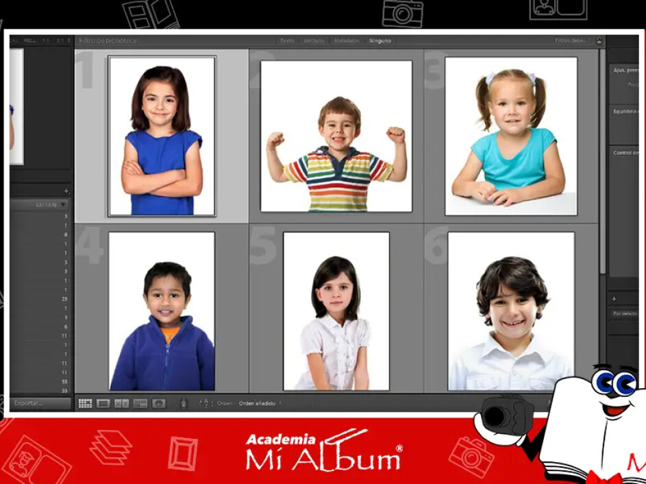 Editor fotográfico mostrando retratos individuales de niños con fondos blancos, listos para ser optimizados y editados con tonos de piel consistentes.