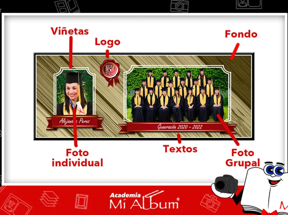 Composición de un paquete escolar con viñetas, fotos individuales y grupales, logo institucional, textos decorativos y fondo coherente.
