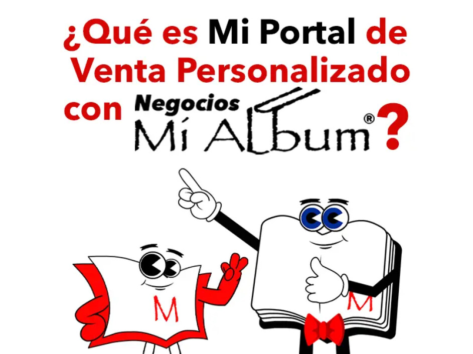 Imagen que presenta a los personajes de Mi Album explicando qué es el Portal de Venta Personalizado, con texto destacado que menciona el nombre del servicio.