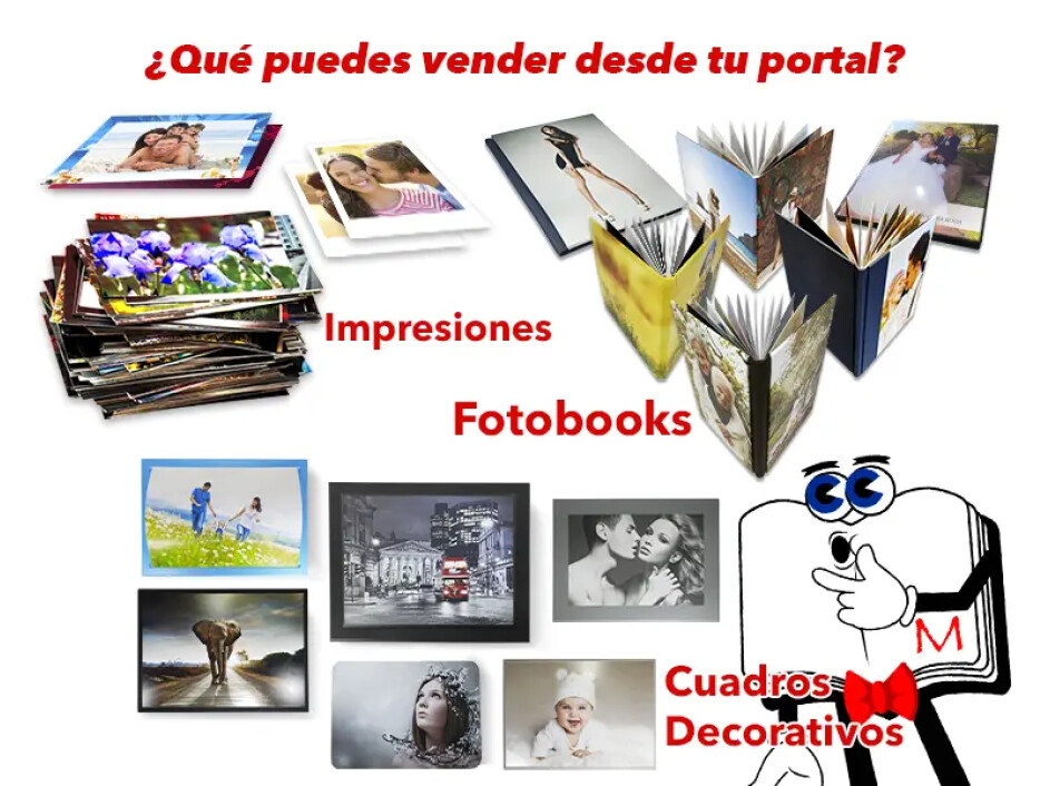 Ejemplo visual de productos ofrecidos desde tu portal: impresiones, fotobooks y cuadros decorativos, personalizados para diversas ocasiones.